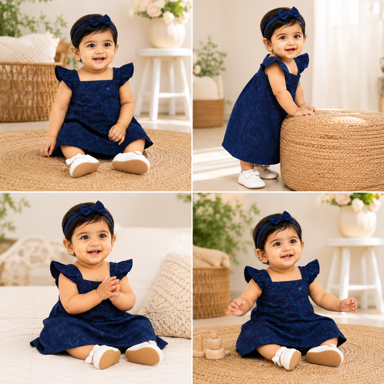 Navy printed Ruffle Dress and Headband Set