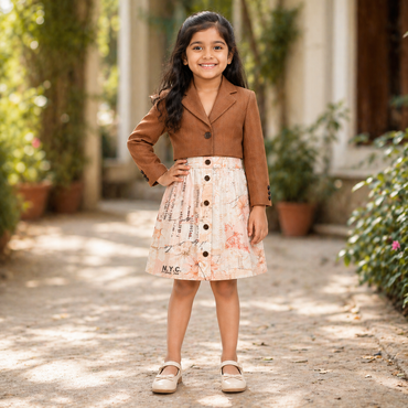 Girls Cropped Blazer & Striped Skirt Co-ord Set