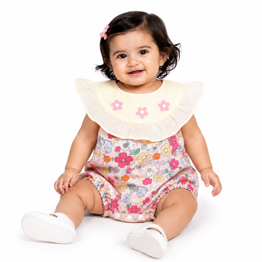 Baby Girls Floral Bubble Romper with Embroidered Ruffle Yoke One-piece