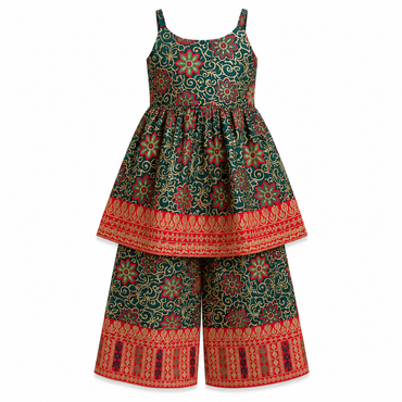 Girls Festive Printed Peplum Top with Palazzo Set Two-piece - KinderMox