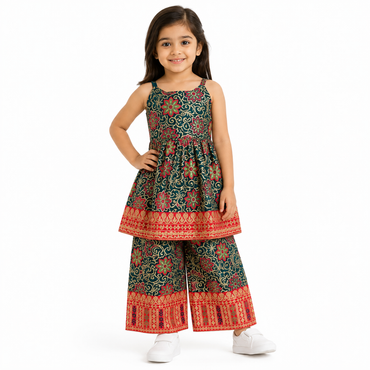 Girls Festive Printed Peplum Top with Palazzo Set Two-piece