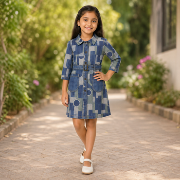 GeoPatch Denim Belted Shirt Dress