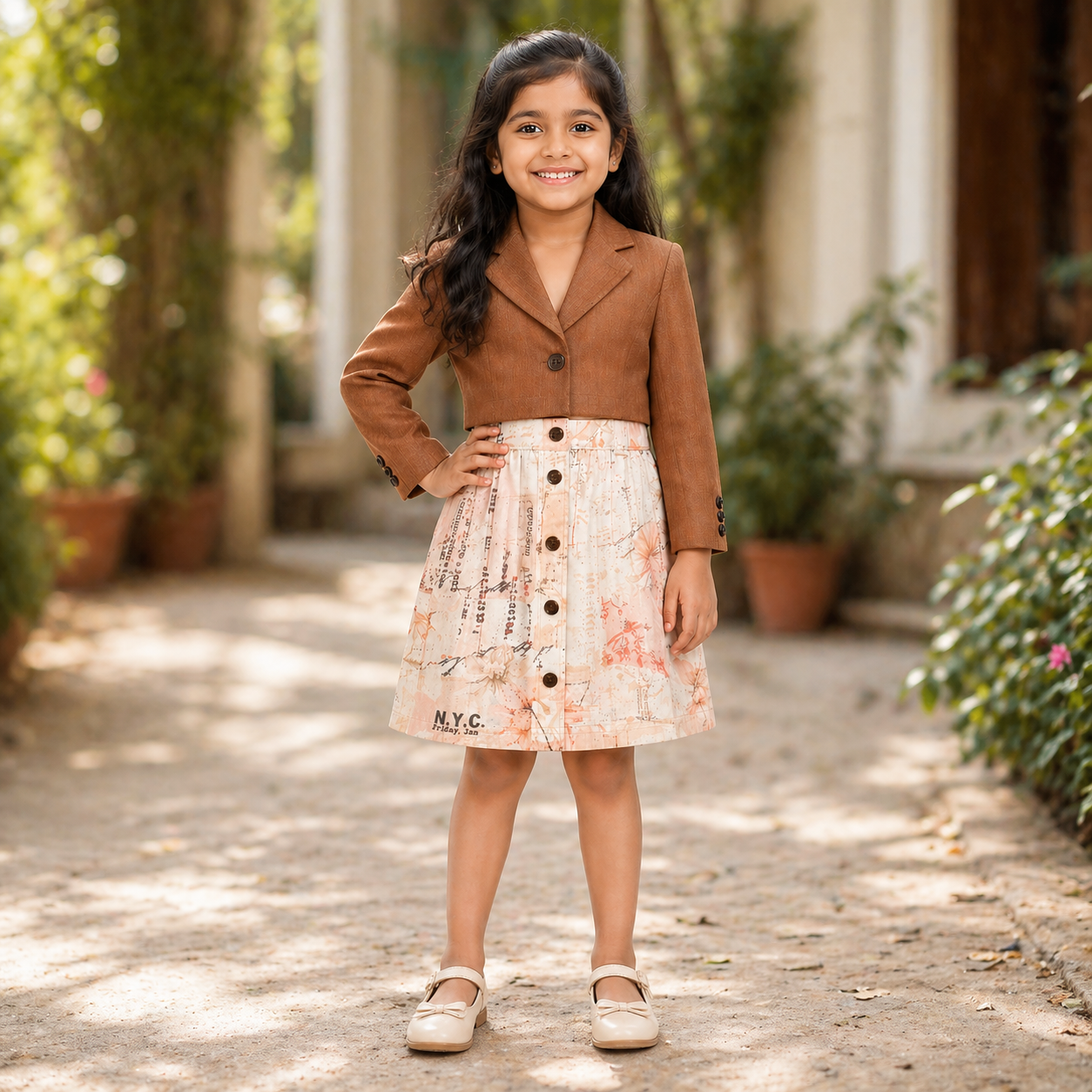 Girls Cropped Blazer & Striped Skirt Co-ord Set
