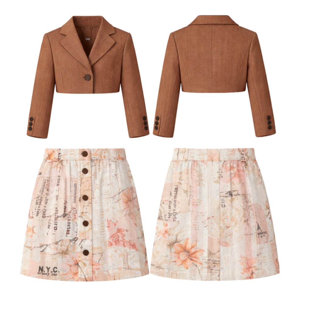 Girls Cropped Blazer & Striped Skirt Co-ord Set