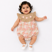 Baby Girls Floral Bubble Romper with Embroidered Ruffle Yoke One-piece