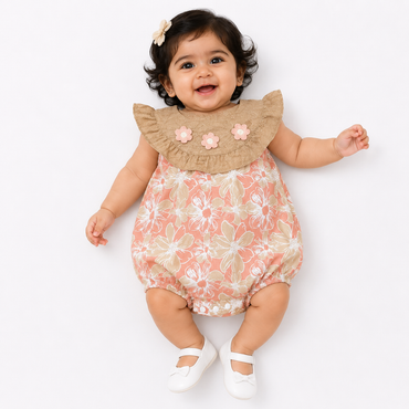 Baby Girls Floral Bubble Romper with Embroidered Ruffle Yoke One-piece