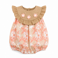 Baby Girls Floral Bubble Romper with Embroidered Ruffle Yoke One-piece