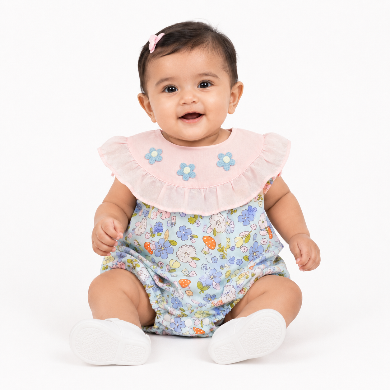 Baby Girls Floral Bubble Romper with Embroidered Ruffle Yoke One-piece