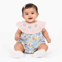 Baby Girls Floral Bubble Romper with Embroidered Ruffle Yoke One-piece