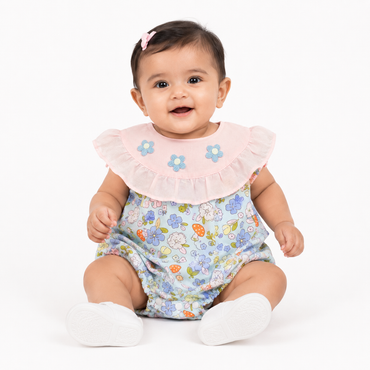 Baby Girls Floral Bubble Romper with Embroidered Ruffle Yoke One-piece