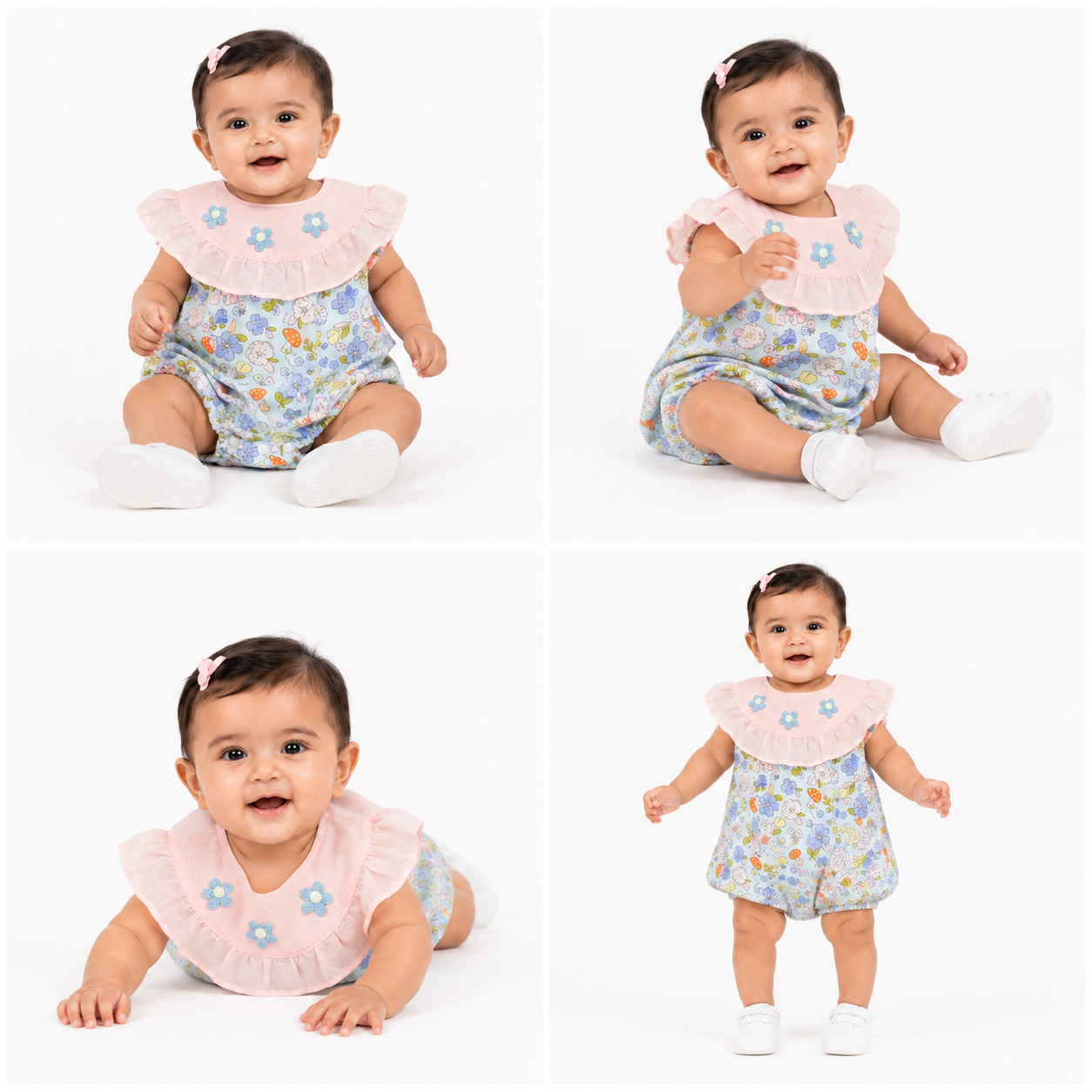 Baby Girls Floral Bubble Romper with Embroidered Ruffle Yoke One-piece