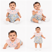 Baby Girls Floral Bubble Romper with Embroidered Ruffle Yoke One-piece