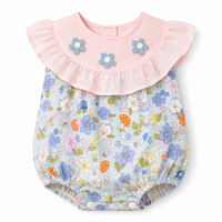 Baby Girls Floral Bubble Romper with Embroidered Ruffle Yoke One-piece