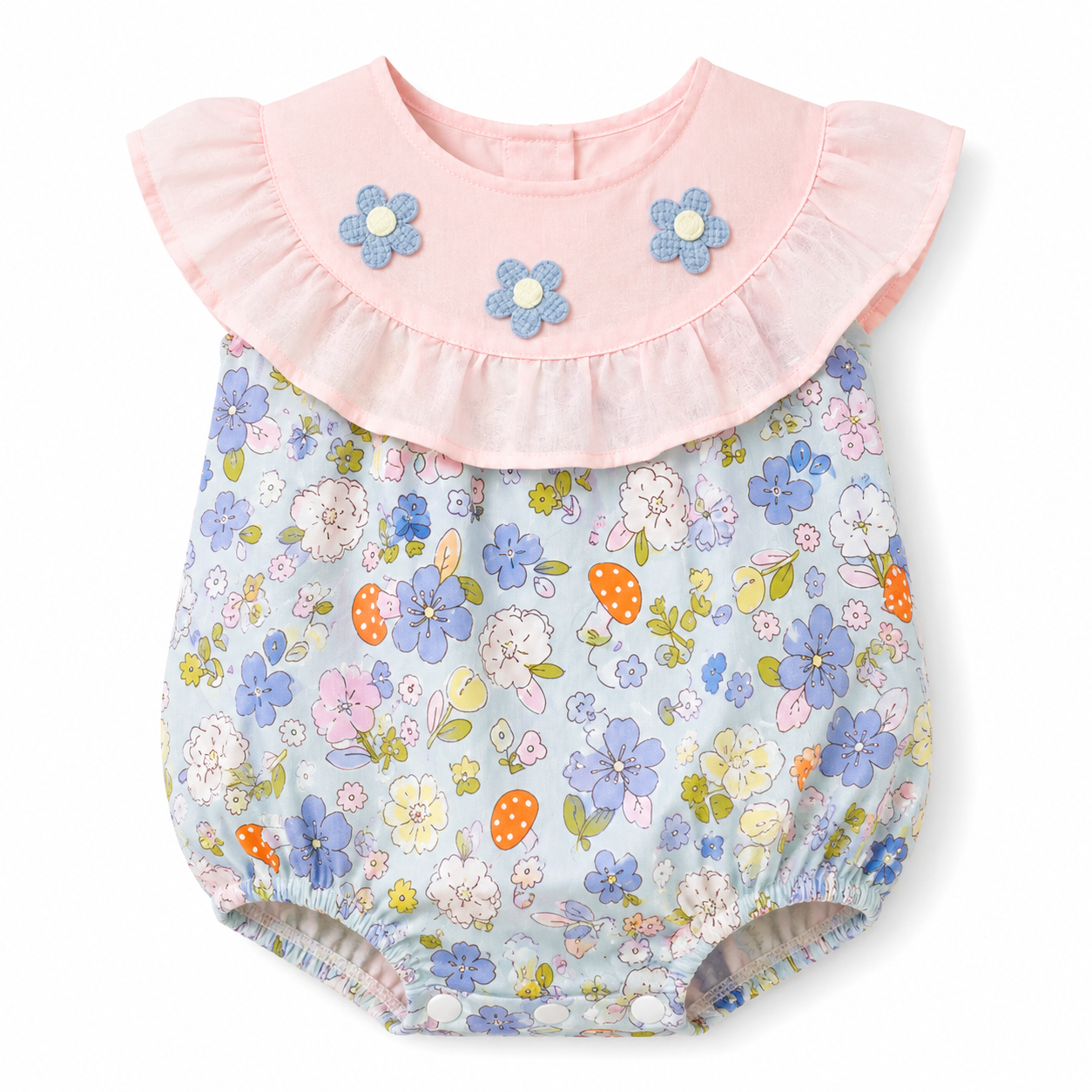 Baby Girls Floral Bubble Romper with Embroidered Ruffle Yoke One-piece