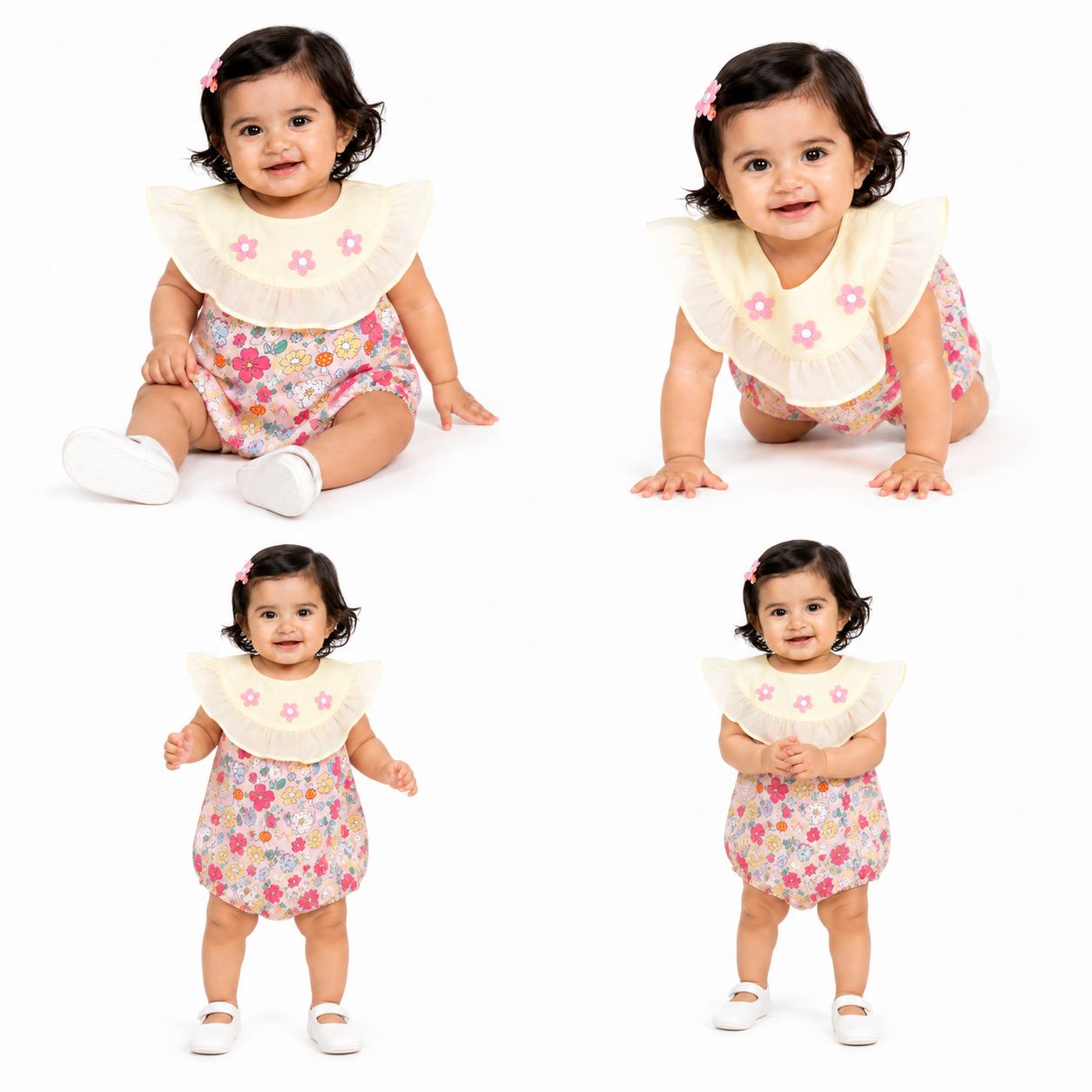 Baby Girls Floral Bubble Romper with Embroidered Ruffle Yoke One-piece