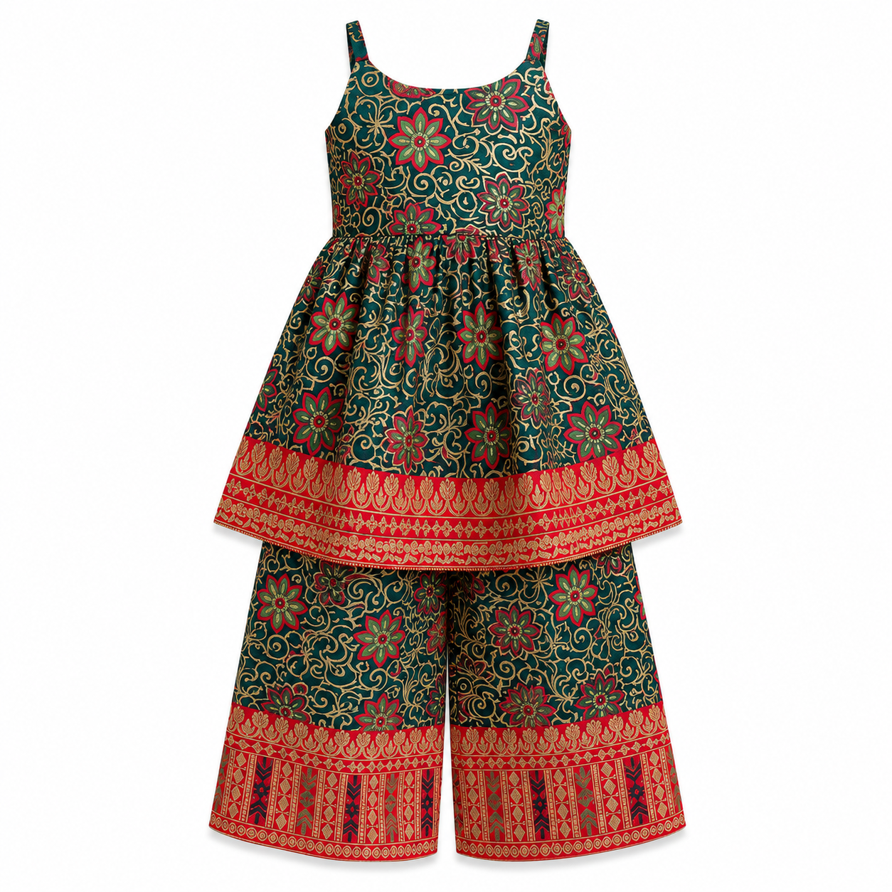 Girls Festive Printed Peplum Top with Palazzo Set Two-piece