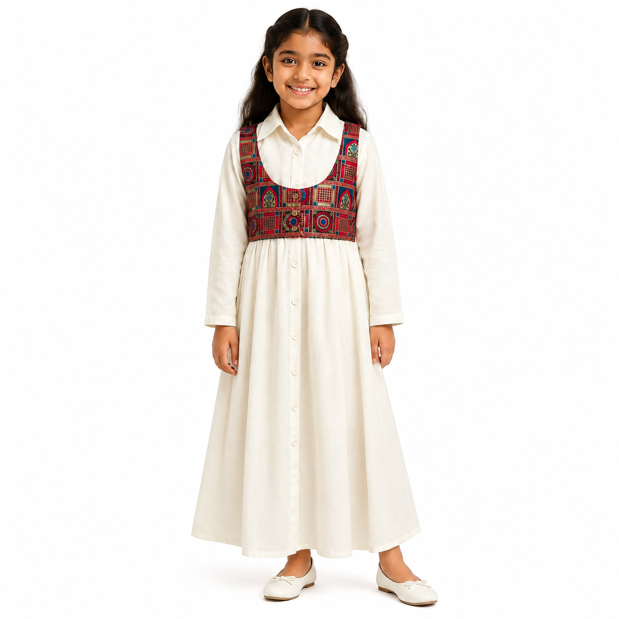 Festive Flared Dress With Patchwork Vest - KinderMox