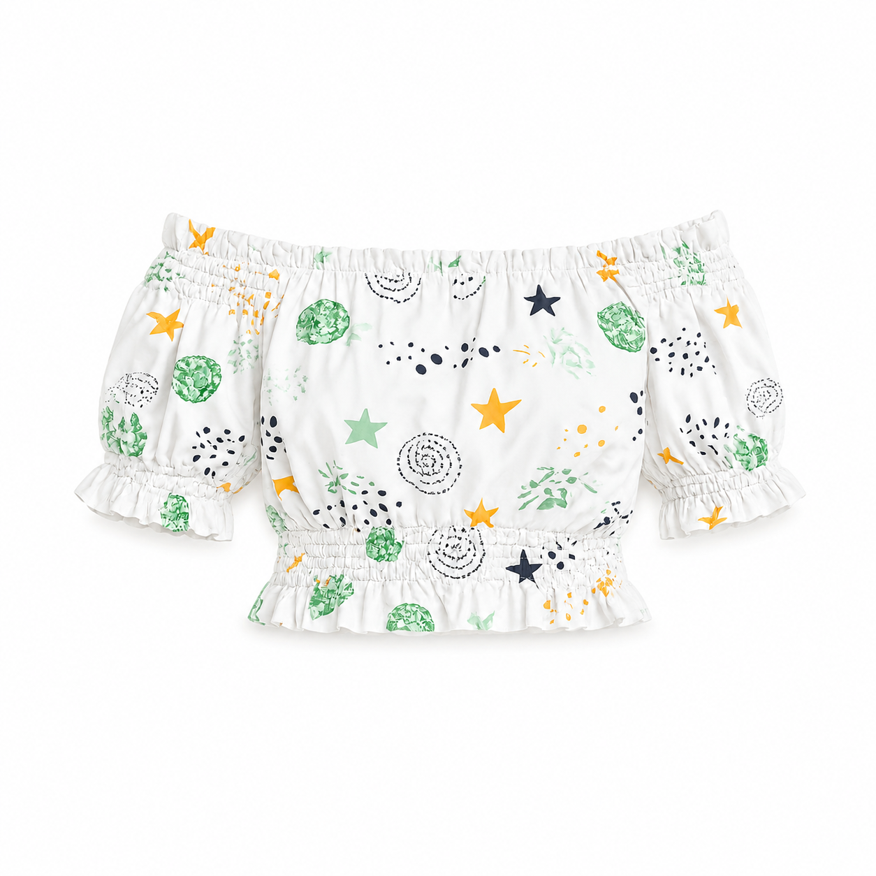 Cosmic Smocked Off-Shoulder Crop Top