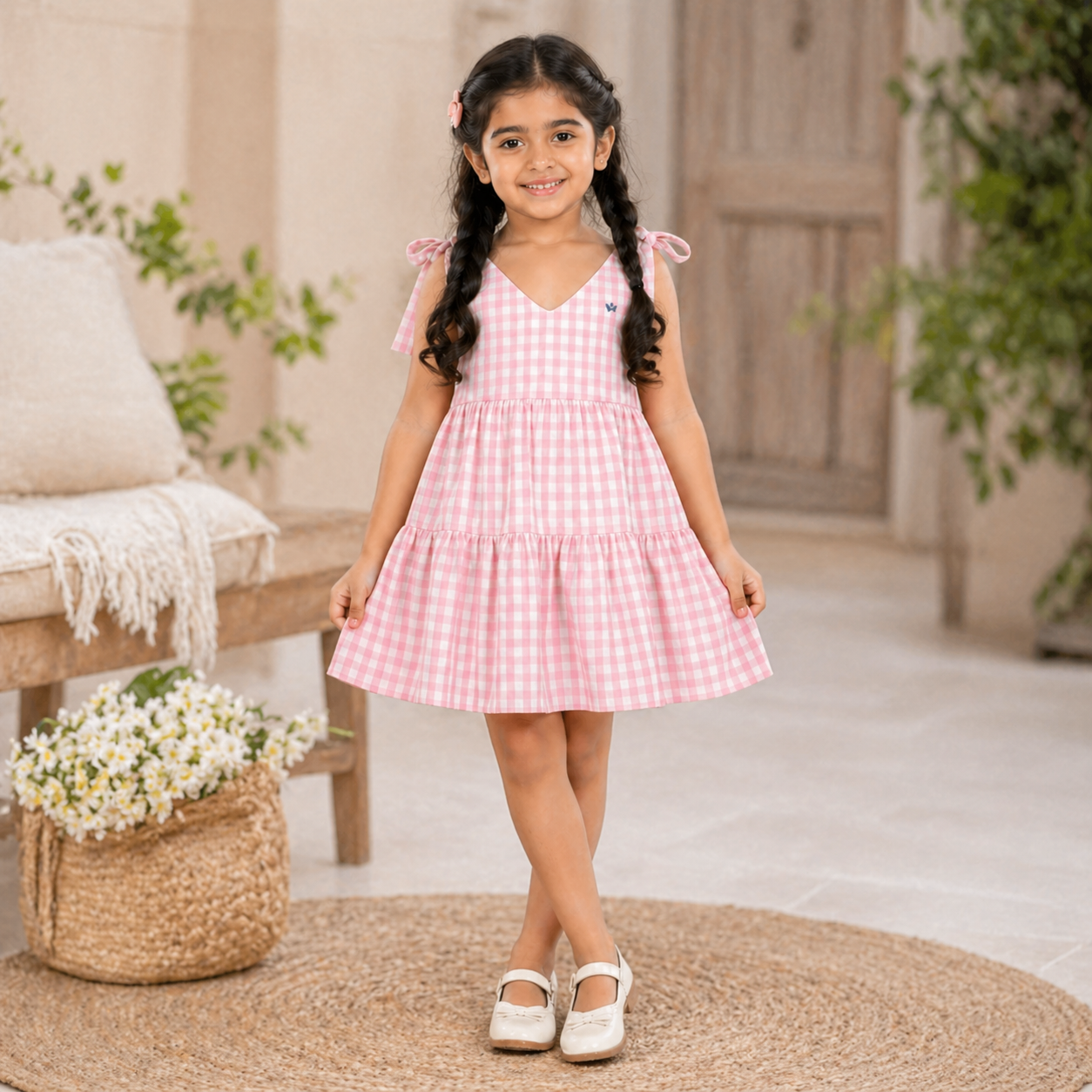 Pink Bow Gingham Tier Dress