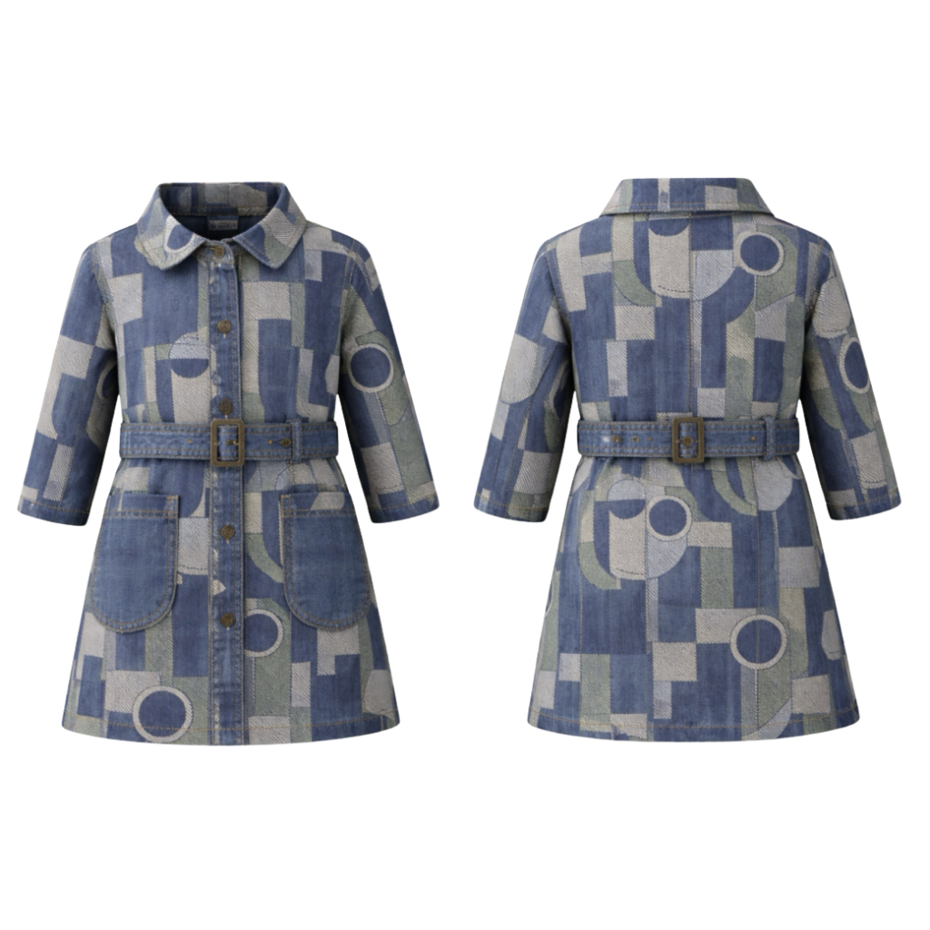 GeoPatch Denim Belted Shirt Dress