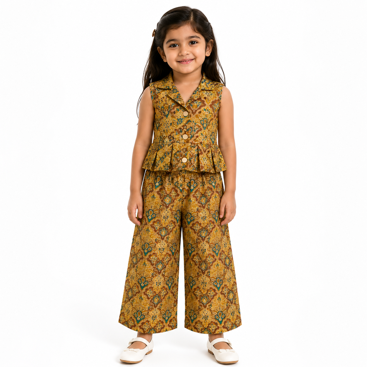 Girls Printed Peplum Co-Ord Set – Sleeveless Top & Wide-Leg Pants