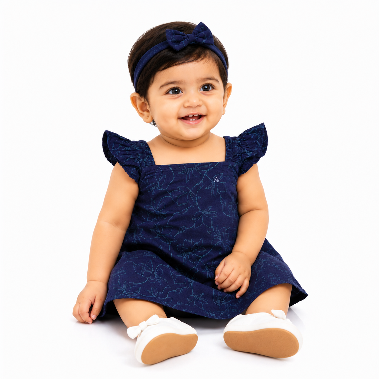Navy printed Ruffle Dress and Headband Set