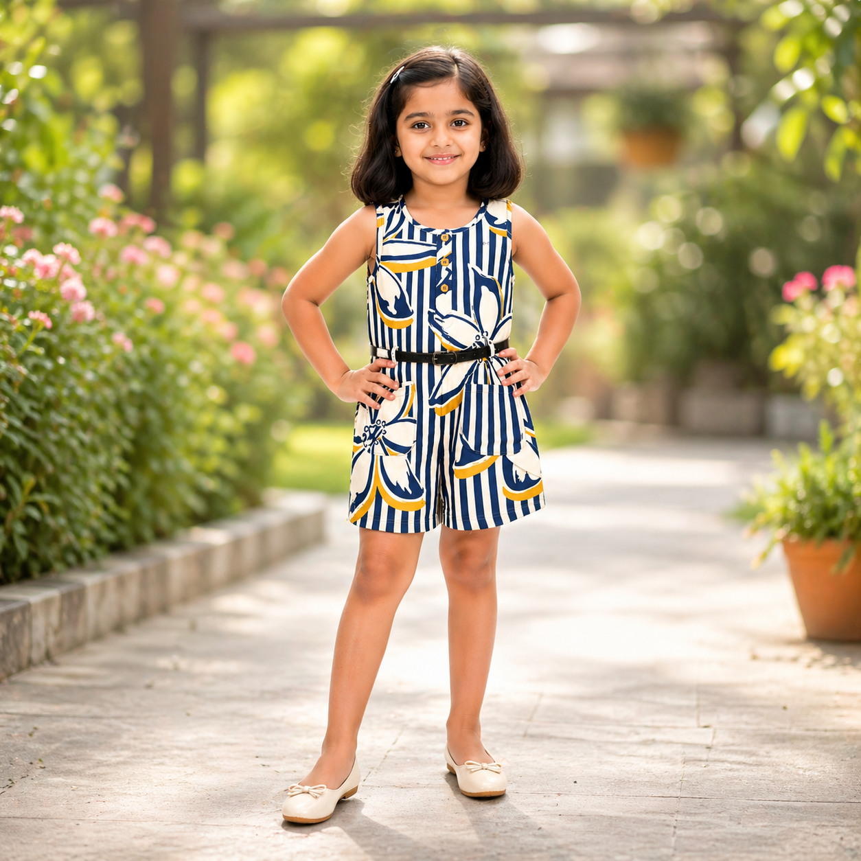 Floral stripe sleeveless romper