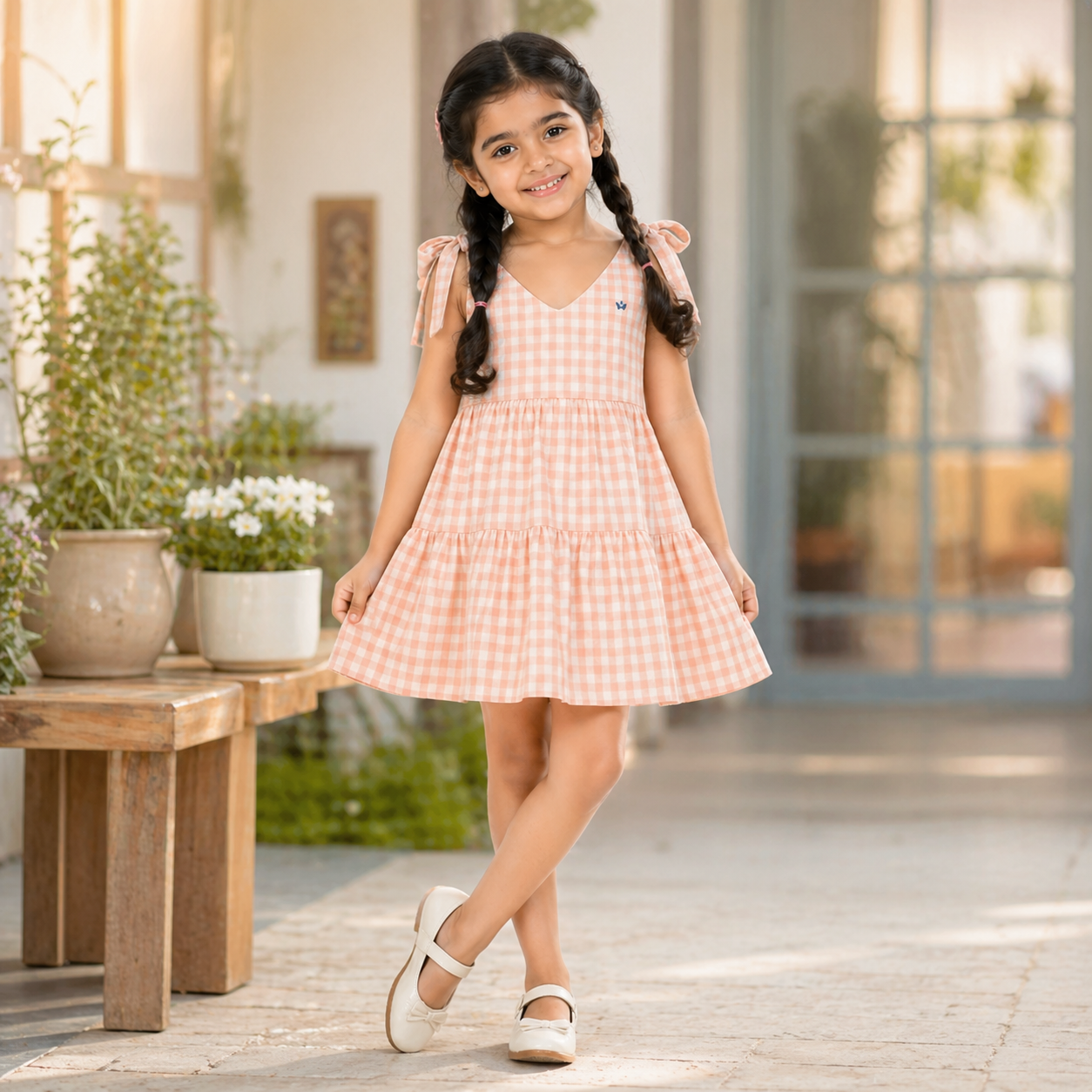 Blush Bow Gingham Tier Dress
