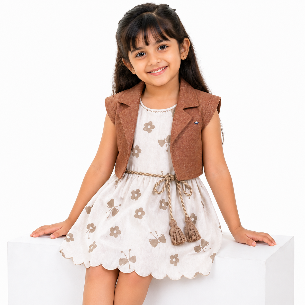 Beige floral Layered Bolero Dress Set