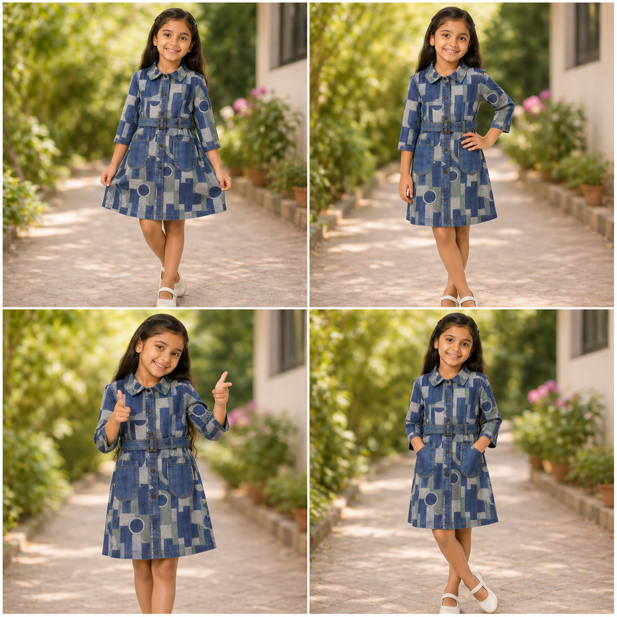 GeoPatch Denim Belted Shirt Dress